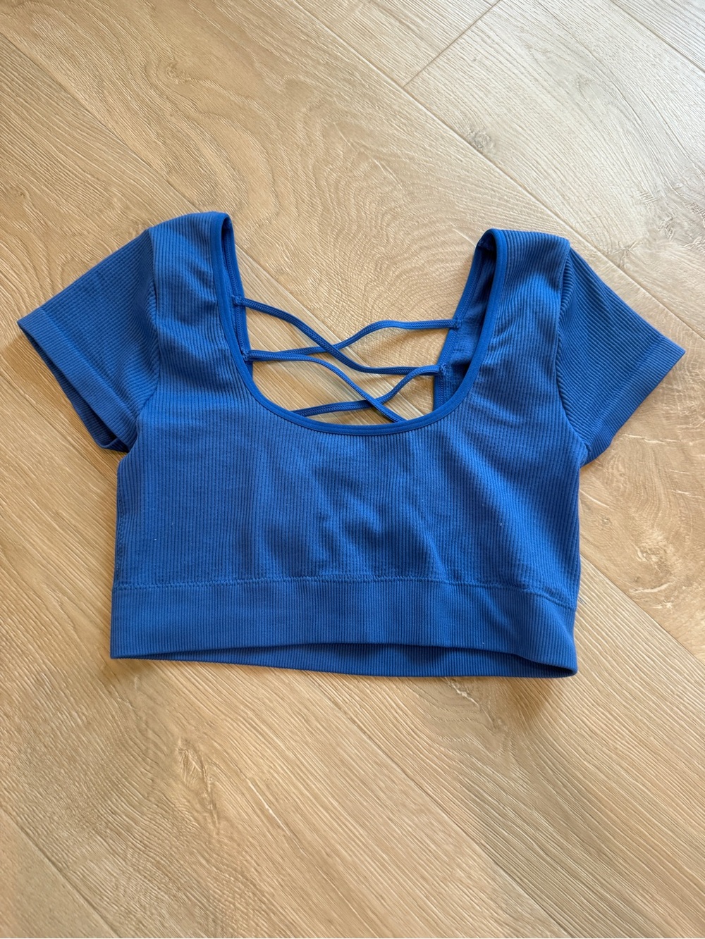 Aerie Seamless Cap Sleeve Blue Crisscross Back Ribbed Crop Top - Women